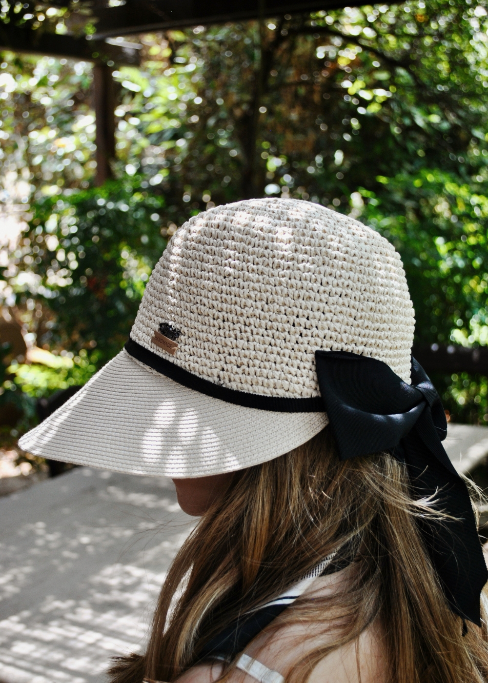 Beige Half Knitted Hat w/ Black Bow 